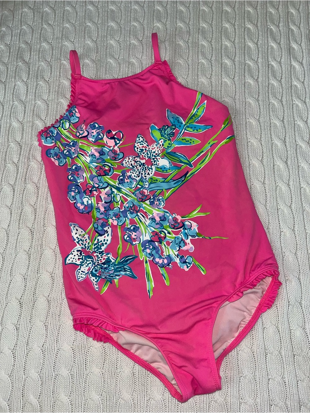 Lilly Pulitzer Girls Juliet Swimsuit One-Piece Sway This Way Pink Tropics EUC 8